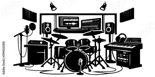 drum set inside a music studio room representing rhythm production black and white vector scene featuring recording and modern music creation
