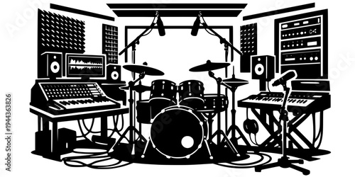 drum set inside a music studio room representing rhythm production black and white vector scene featuring recording and modern music creation
