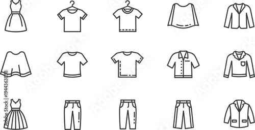  Black and white clothing icon set featuring dresses, t‑shirts, blazers, pants, skirts, hoodies, and shirts, symbolizing fashion, wardrobe, and apparel design artwork