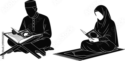  Black and white illustration of two individuals reading Quran with devotion, symbolizing Islamic culture, religious study, spirituality, and traditional faith practice artwork