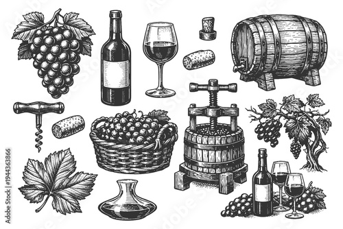 Vintage engraving style illustration of winemaking elements featuring grapes, wine bottles, wooden barrels, and a traditional wine press for vineyard branding.