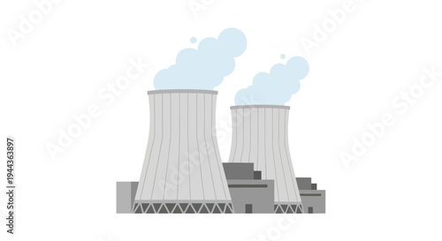 Nuclear Power Plant Cooling Towers Emitting Steam, Industrial Energy Production