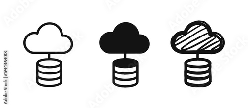 Cloud database and storage icon set in outline, solid, and hand-drawn styles