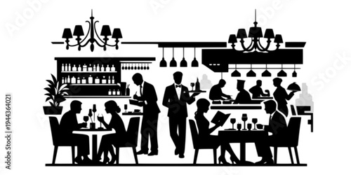 fine dining restaurant interior table chair menu kitchen food hospitality service atmosphere urban luxury design black and white vector illustration
