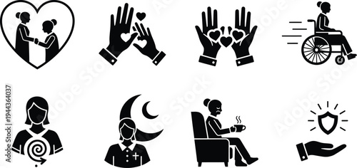 Senior Care and Nursing Home Icon Set, Professional Accessibility and Healthcare Vector Silhouettes for Geriatric Support, Palliative Care, and Medical Insurance Marketing Materials