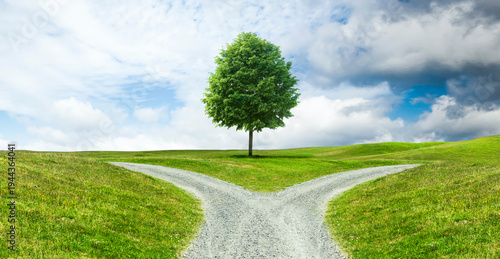 Crossroads on a path through a hilly landscape