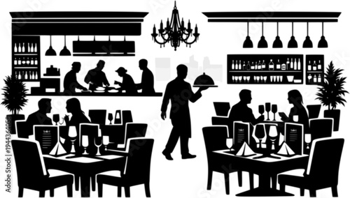fine dining restaurant interior table chair menu kitchen food hospitality service atmosphere urban luxury design black and white vector illustration
