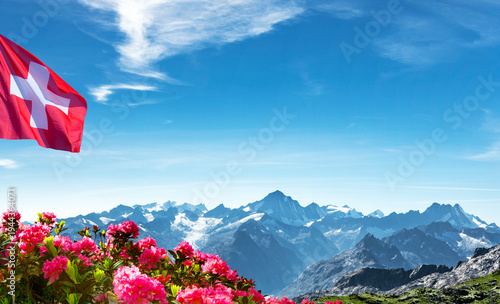 Swiss mountains with Swiss flag and alpine roses