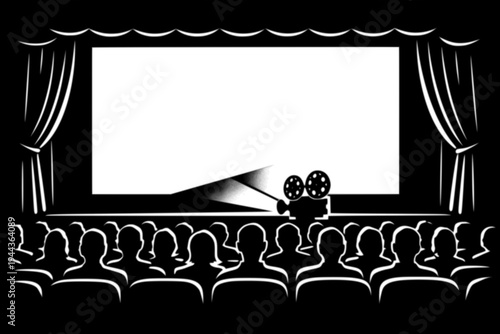 classic cinema hall with large screen rows of seats and projector black and white vector scene light representing entertainment movie watching and audience experience