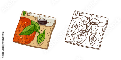 Hand drawn vintage Italian bruschetta toast with tomato basil olive cheese food illustration