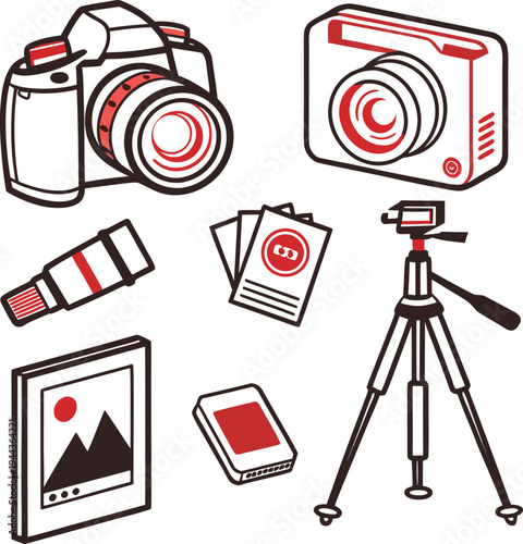 Photography equipment icons and camera accessories set including a tripod, DSLR, and lens in a minimalist flat vector illustration style for creative professionals.