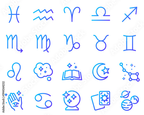 Simple Set of Astrological Related Vector Line Icons. Contains such Icons as Virgo, Leo, Taurus and more
