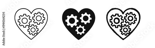 Heart with gears icon set symbolizing efficiency, passion, or core mechanism