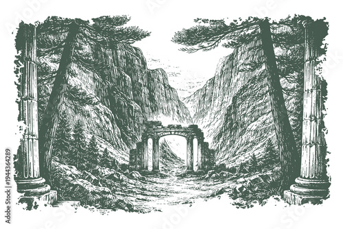 Epic engraving style illustration of ancient stone ruins and arches nestled deep within a forested mountain valley for fantasy themes.