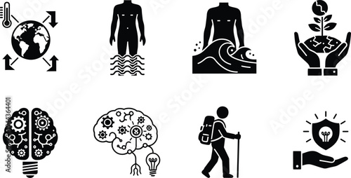 Set of Modern Flat Icons for Global Warming, Climate Change Impact on Human Health, Environmental Sustainability, Cognitive Innovation, Brain Technology, and Ecological Protection Vectors