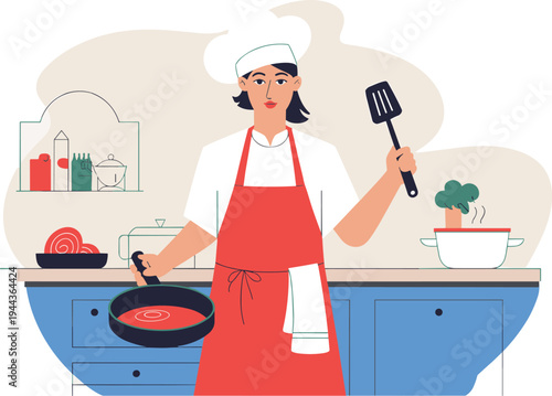 Woman Chef Cooking with Frying Pan and Spatula in Kitchen