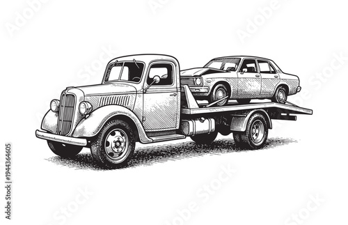 Antique Tow Truck Carrying a Sedative Car Sketch Automotive Recovery