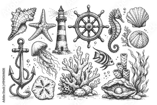 Nautical engraving style illustration set featuring a lighthouse, anchor, ship wheel, seahorse, and coastal treasures for maritime and ocean themed designs.