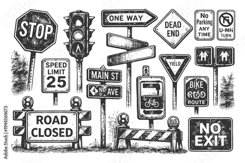 Comprehensive engraving style illustration of various traffic and road signs including stop signs, traffic lights, and street indicators for urban navigation.