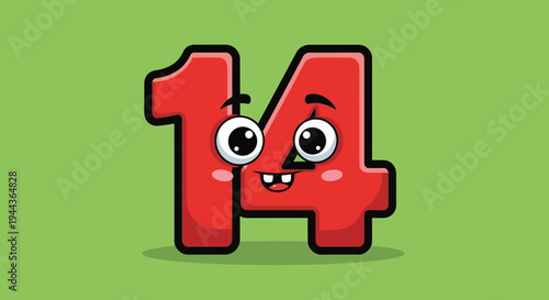 Cute Number 14 with Face on Green Background