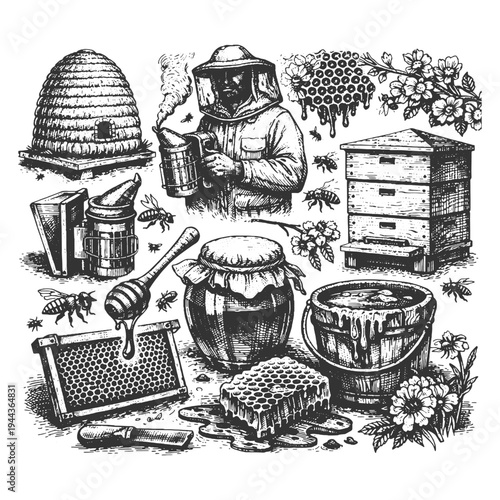 Detailed hand drawn engraving of beekeeping elements including a beekeeper in protective gear, beehives, honey jars, honeycomb, and bees for organic farming.