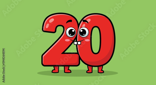 Cute Red Number 20 With Cartoon Face And Legs On Green Background