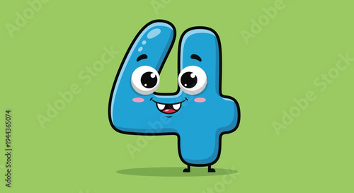Cute Blue Number 4 Character With Smiling Face and Arms
