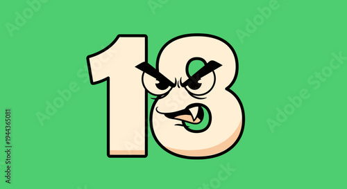 Aggressive Number 18 Character with Angry Eyes and Fangs