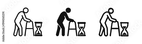 Elderly Person with Walker and Hourglass Icon Set | Aging Process and Time Vector Symbol