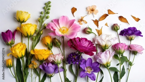 Varied cut spring flowers standing upright on white surface