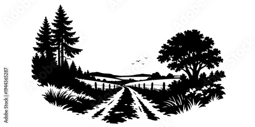 forest dirt path road landscape nature outdoor travel countryside trail horizon rural environment scenic journey black and white vector illustration

