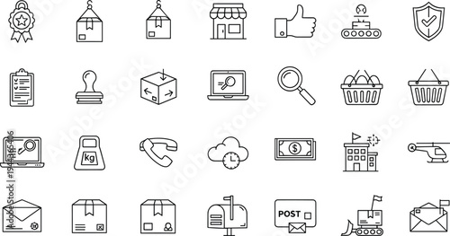 Set of outline icons for e-commerce logistics shipping delivery online shopping retail business warehouse distribution and postal services
