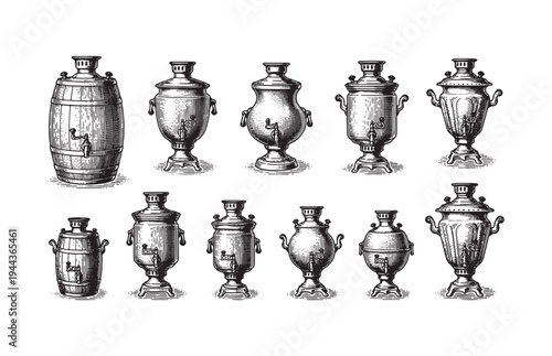 Russian Samovars Collection Sketch Traditional Tea Brewing Antique