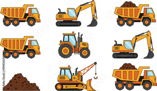 Construction machinery set with dump trucks excavators tractor bulldozer crane and soil piles for mining building industry equipment vector