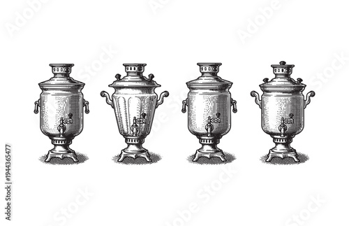 Russian Samovars Collection Sketch Traditional Tea Brewing Antique