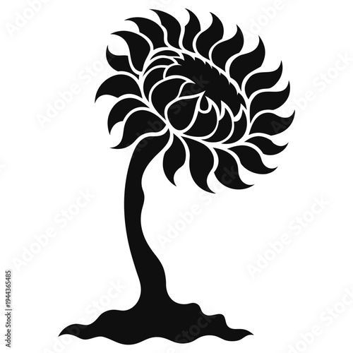 Stylized Minimalist Tree Silhouette in Monochrome isolated on White Background