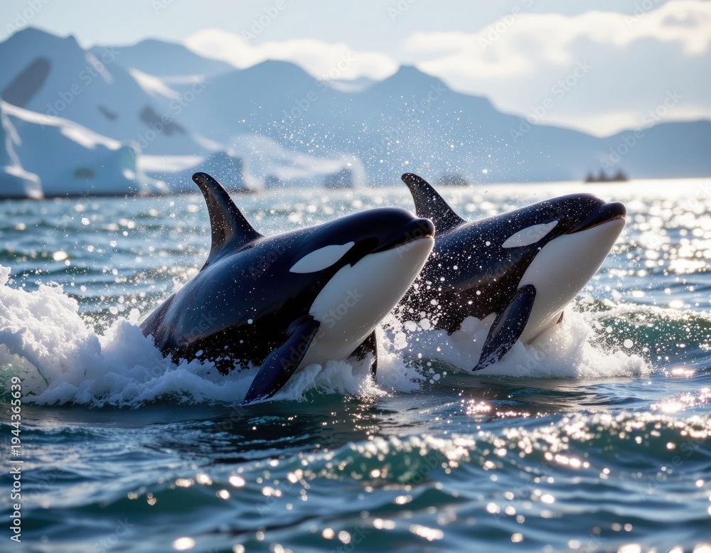 Obraz premium Powerful Orcas Breach in Icy Arctic Waters: A Glimpse into the Wild Lives of Killer Whales Amidst Snowy Mountains and Sparkling Sea