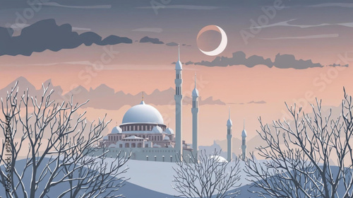 illustration of a serene snow covered mosque under a twilight sky