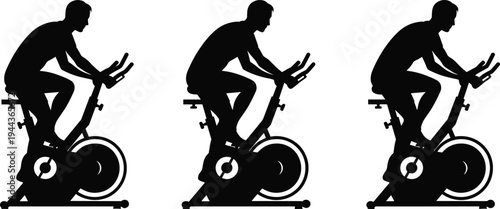 Silhouettes of three men riding stationary exercise bikes in a gym setting for fitness health and indoor cycling projects