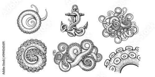 Octopus Tentacles Engraving Set of 6 Black and White Vintage Isolated Sketches
