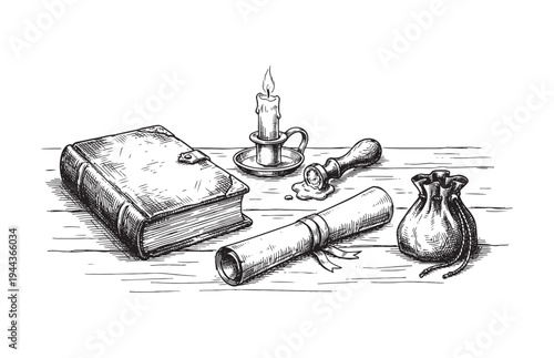 Vintage Writing Set Sketch with Antique Book Parchment Scroll and Wax Seal
