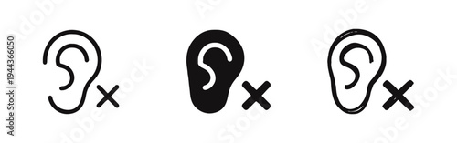 Mute Ear Icon Set - Hearing Impaired and No Sound Symbols in Various Styles
