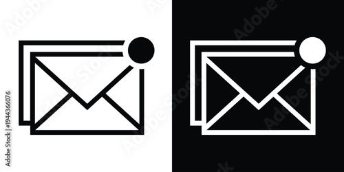 Minimalist outline icon of a mail envelope with a notification dot in the corner. Vector illustration presented in black and white versions for email alerts and digital messaging apps.