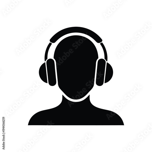 Simple Minimalist Black Silhouette of Person Wearing Headphones isolated on White Background