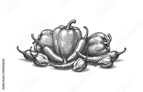 Chili Peppers and Bell Peppers Sketch Culinary Illustration