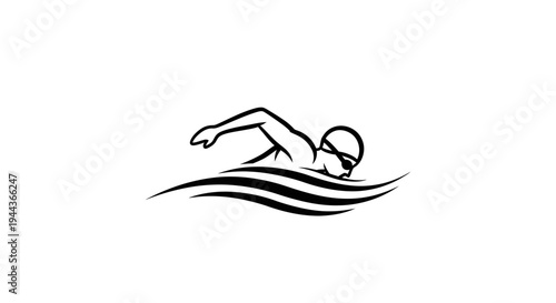 Swimmer Silhouette in Motion Over Stylized Waves