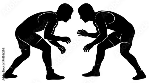 Dynamic silhouette illustration capturing two male wrestlers in an intense pre-match stance, symbolizing competition, strength, and the spirit of athletic combat