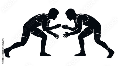 Two wrestling silhouettes facing each other in a defensive stance, ready for a match