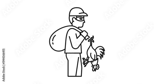 Thief stealing chicken, masked robber with sack and fowl, crime concept illustration