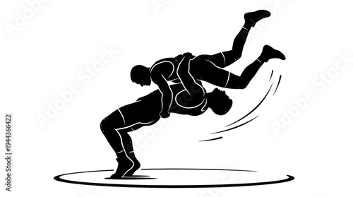 Dynamic black and white illustration of two athletes engaged in a powerful wrestling hold, depicting strength and competitive spirit in a professional sports match